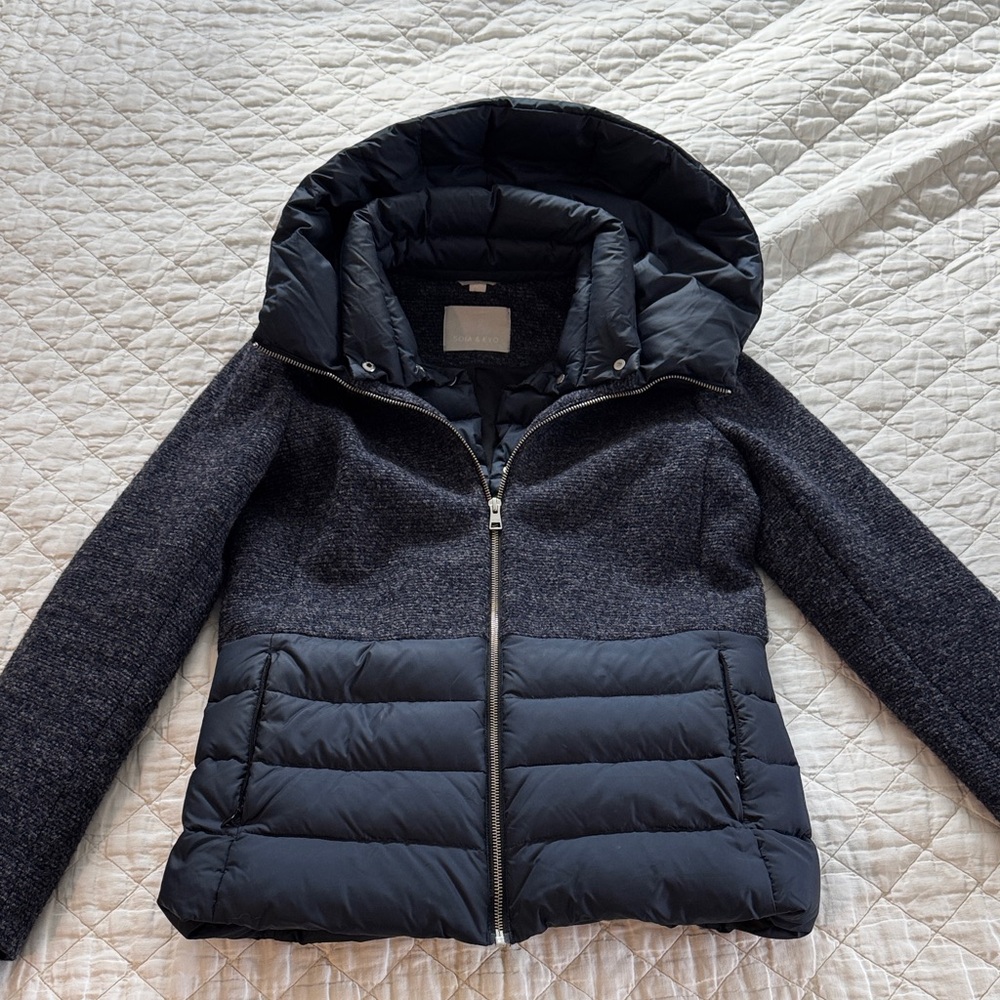 Soia & Kyo Navy Quilted-Panel Hooded Puffer Coat